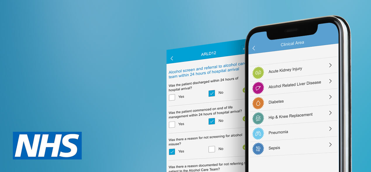 Smartphone showing different clinical areas of the healthcare app we developed for AQuA. AQuA is an NHS health and care quality improvement organisation